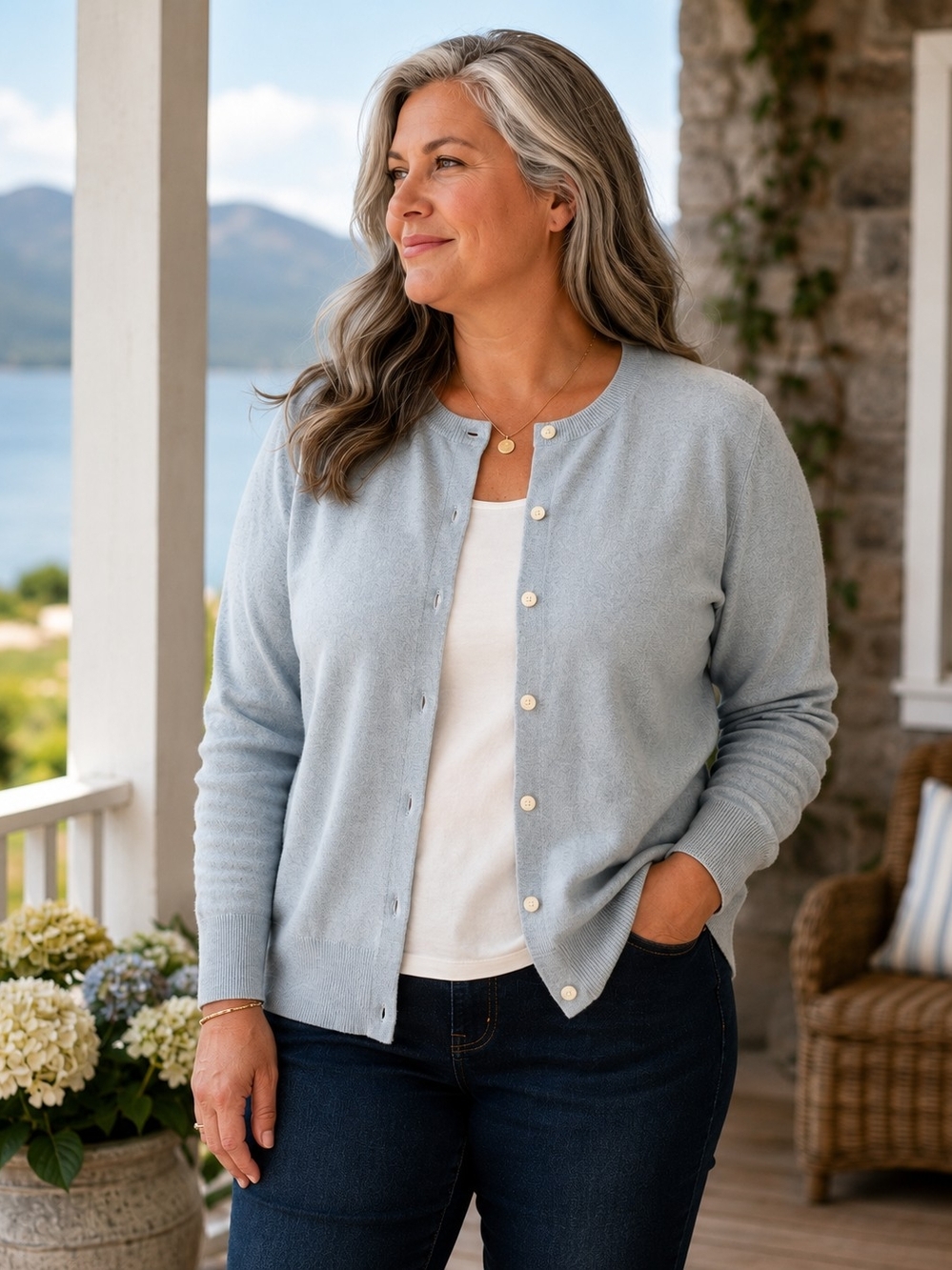 Lands’ End 100% Cashmere Cardigan Women 1X 16W 18W Blue Gray Button Sweater